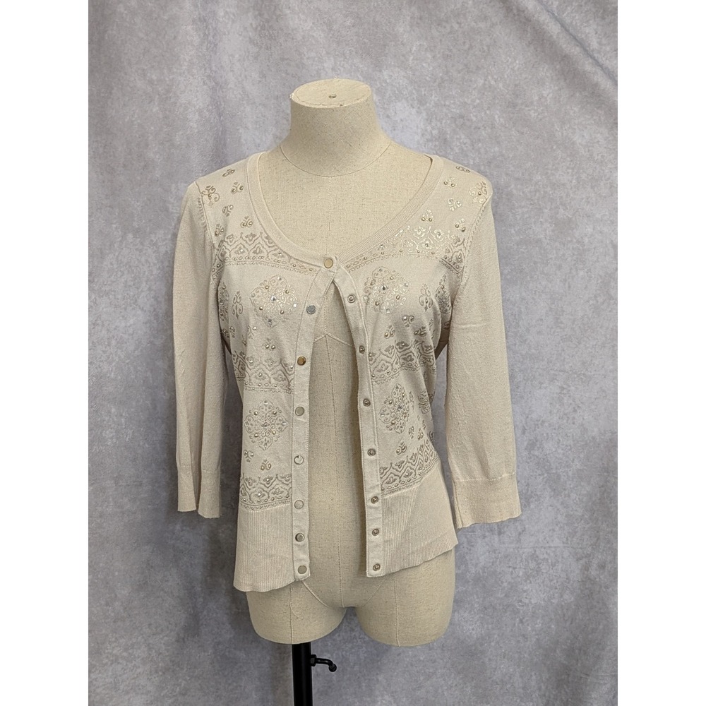 White House Black Market Beige Embroidered Beaded 3/4 Sleeve Cardigan Small-C218